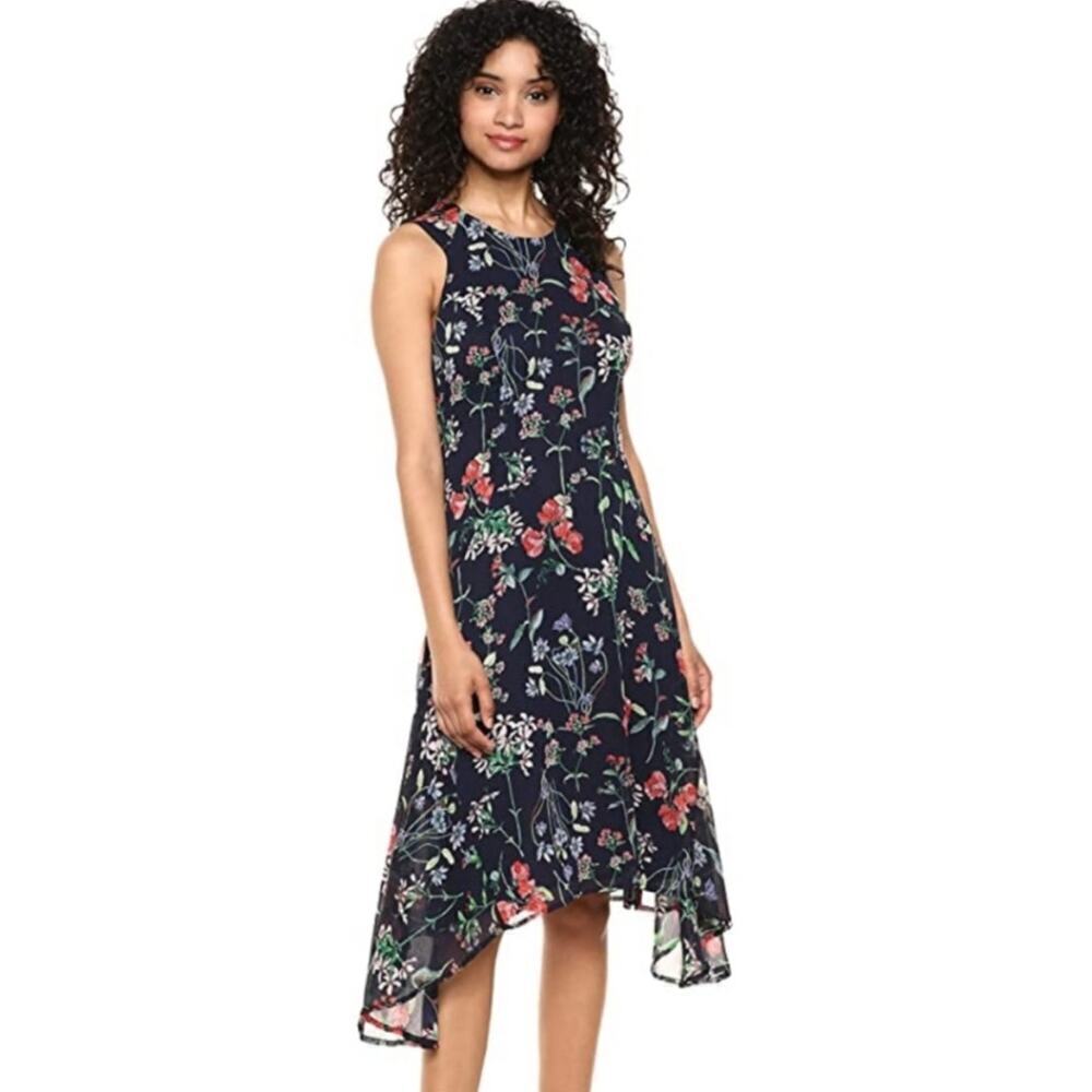 Tommy Hilfiger Navy Floral Hi-Low Midi Dress 10 Trapeze Chic Resort  Boho